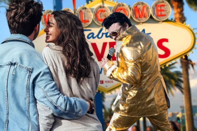 Gold Elvis Wedding or Vow Renewal at Las Vegas Sign - Who will enjoy this most?