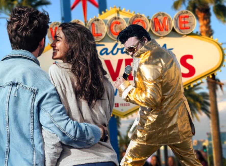 Las Vegas: Gold Elvis Vow Renewal or Wedding at Welcome Sign - The north side ceremony: heartfelt vows with Elvis humor