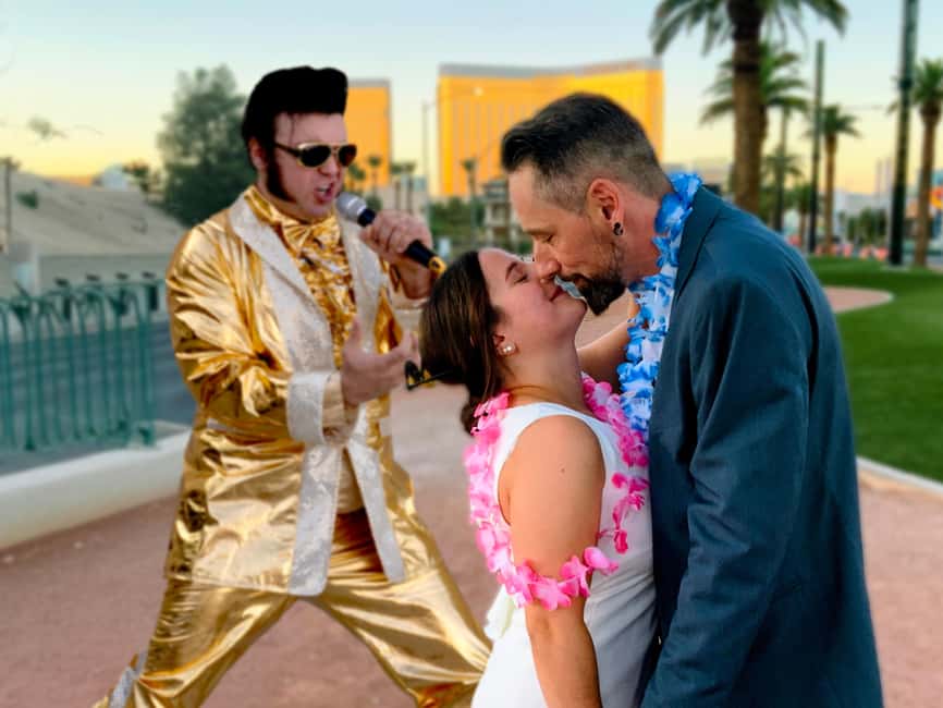 Las Vegas: Gold Elvis Vow Renewal or Wedding at Welcome Sign - South side photos with props and desert light
